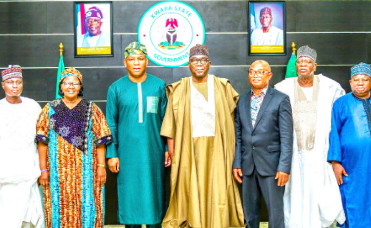 L-R: Commissioner for Budget and Planning, Hon. Aliyu Sabi; commissioner forTertiary Education, Hon. Dr Mary Arinde; minister  of Steel Development,  Shuaib Abubakar Audu; Kwara State Governor AbdulRahman AbdulRazaq;  Dr  Kamoru  Yusuf;  chief of  staff, Mahe Abdulkadir, and senior adviser / Counselor, Saadu Salahu during a courtesy visit by the minister to Government House, Ilorin,  on Tuesday. PHOTO: ABDULLAHI OLESIN