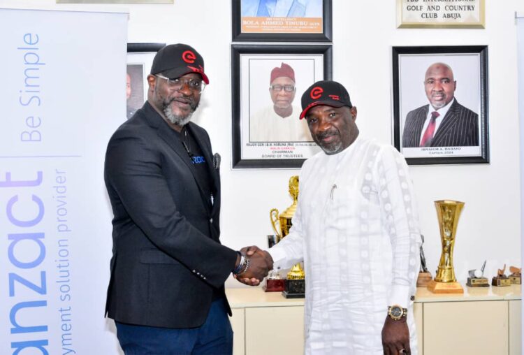 L-R: Managing director of eTranzact International, Niyi Toluwalope, and Captain of IBB International Golf and Country Club, Ibrahim Babayo, exchange pleasantries after addressing the press about the forthcoming 2nd eTranzact Golf Classic in Abuja, on Friday.
