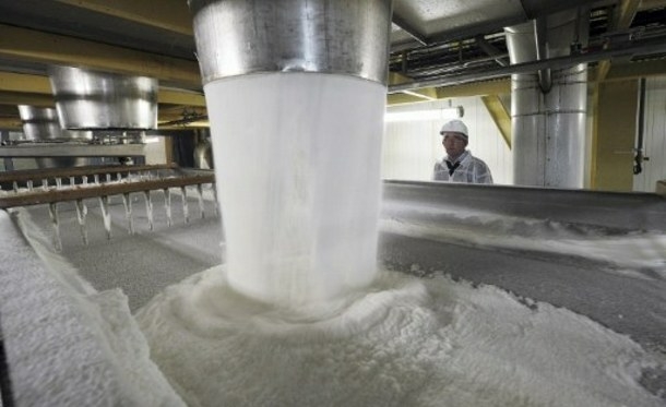 TO GO WITH AFP STORY BY ALIX RIJCKAERT
A picture taken on November 18, 2011 shows sugar obtained from sugar beets in French firm Tereos' sugar refinery in the French northern town of Lillers. Last rainy summer is synonymous with a record harvest for northern France beet greemers. AFP PHOTO PHILIPPE HUGUEN