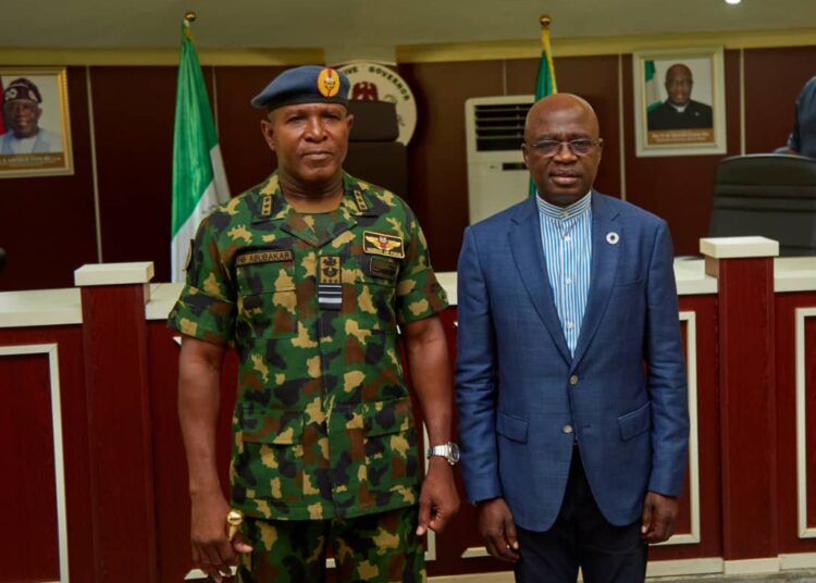 L-R: Chief of the Air Staff, Air Marshal Hasan Abubakar and Benue State governor, Rev. Fr. Hyacinth Alia, during the CAS visit to the governor in Makurdi, on Wednesday.