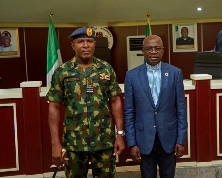 L-R: Chief of the Air Staff, Air Marshal Hasan Abubakar and Benue State governor, Rev. Fr. Hyacinth Alia, during the CAS visit to the governor in Makurdi, on Wednesday.