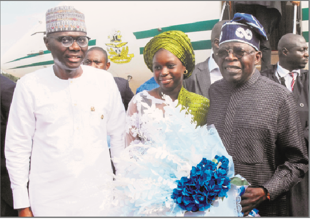 Tinubu Inaugurates Projects To Mark One Year In Office 1 President Bola Tinubu (right) being welcomed by Gov Babajide Sanwo-Olu of Lagos State during the president’s arrival at the Presidential Wing of the Murtala Mohammed International in Lagos, yesterday. PHOTO: STATE HOUSE