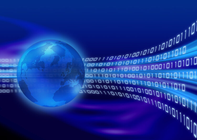 Binary information flow around the world globe