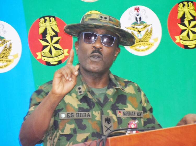 Pic.6. Director of  Defence Media Operation, Maj.-Gen Edward Buha, addressing newsmen, during the End of Year Biweekly press briefing in Abuja on Friday (29/12/23).
04962/29/12/2023/Johnson Udeani/NAN