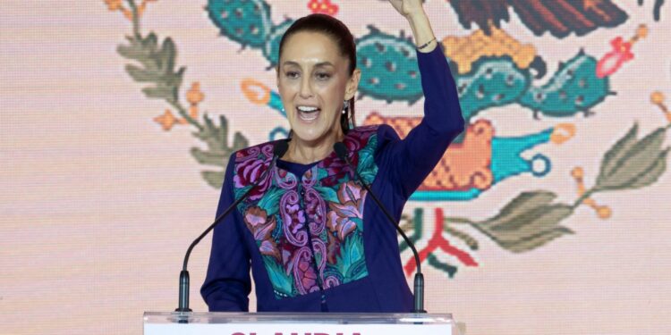 Mexico's presidential candidate for Morena party Claudia Sheinbaum celebrates following the results of the general election in Mexico City, on June 3, 2024. - Claudia Sheinbaum was set to be elected Mexico's first woman president, exit polls showed, a milestone in a country with a history of gender-based violence. (Photo by Gerardo Luna / AFP)