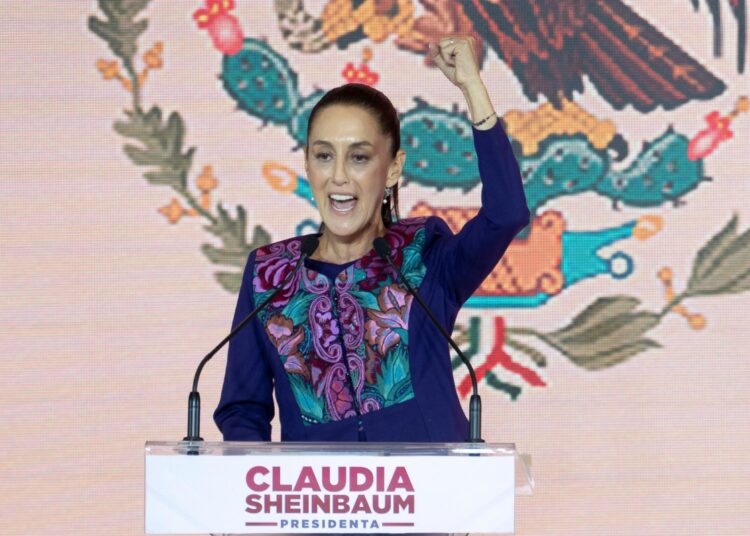 Mexico's presidential candidate for Morena party Claudia Sheinbaum celebrates following the results of the general election in Mexico City, on June 3, 2024. - Claudia Sheinbaum was set to be elected Mexico's first woman president, exit polls showed, a milestone in a country with a history of gender-based violence. (Photo by Gerardo Luna / AFP)