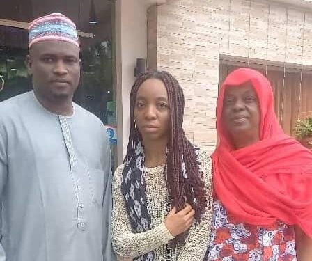 L-R: Kano Governor's media aide, Sanusi Bature; Zainab Ado Bayero, and her mother.