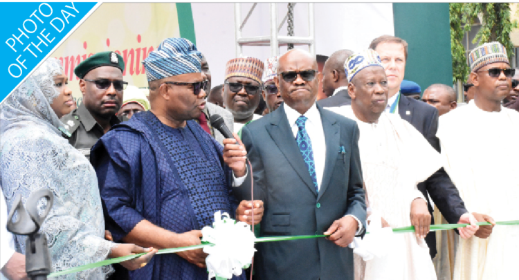 L-R: Minister of state for FCT, Dr Mariya Mohmoud; representative of the president, Senator Godswill Akpabio; minister of FCT, Nyesom Wike and the national chairman of All Progressives Congress (APC), Abdullahi Ganduje, during the presidential commissioning Roads B6, B12, and circle road, Central Area in Abuja, yesterday.