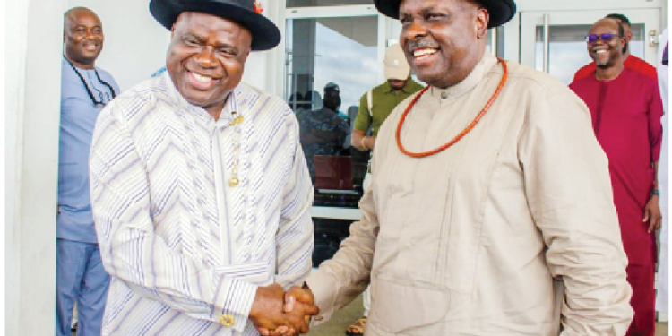 L-R: Bayelsa State Governor Douye Diri with former governor of Delta State, James Ibori, during his visit to Governor Diri, at Government House, Yenagoa, yesterday. PHOTO BY GOVERNMENT HOUSE, YENAGOA