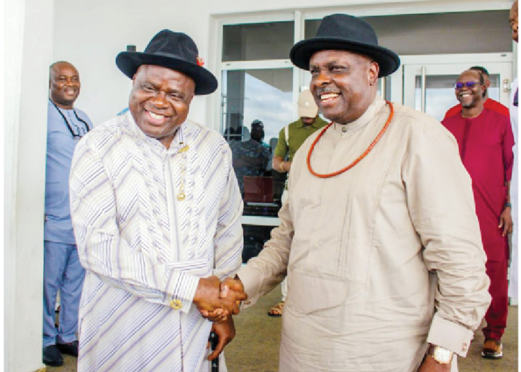 L-R: Bayelsa State Governor Douye Diri with former governor of Delta State, James Ibori, during his visit to Governor Diri, at Government House, Yenagoa, yesterday. PHOTO BY GOVERNMENT HOUSE, YENAGOA