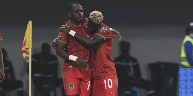Gabadinho Mhango of Malawi celebrates goal with teammates    during the 2021 Africa Cup of Nations Finals football match between Malawi and Zimbabwe on the 14 January 2022 at Omnisport Stadium Bafoussam, Cameroon / Pic Sydney Mahlangu/BackpagePix
