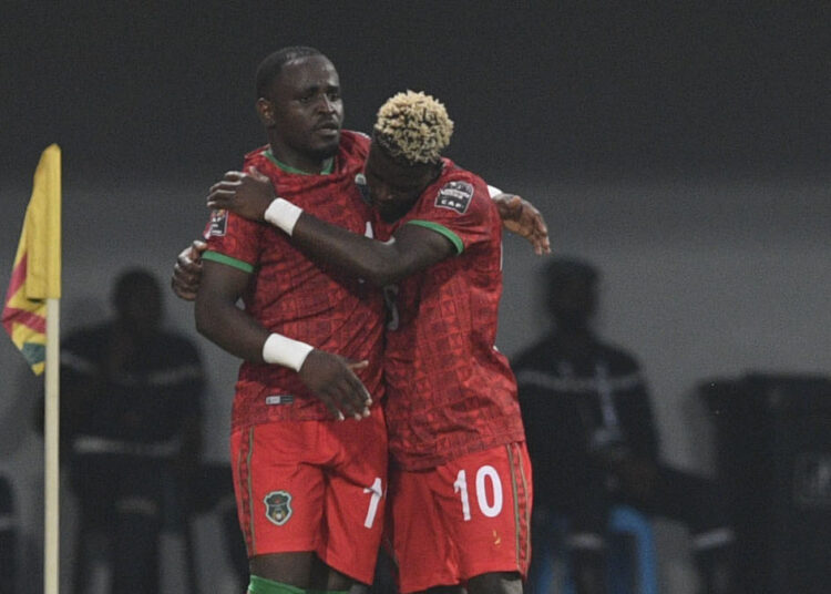 Gabadinho Mhango of Malawi celebrates goal with teammates    during the 2021 Africa Cup of Nations Finals football match between Malawi and Zimbabwe on the 14 January 2022 at Omnisport Stadium Bafoussam, Cameroon / Pic Sydney Mahlangu/BackpagePix