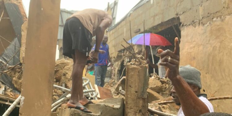 Two-storey building collapsed at Number 12 Cameroun Street, Off Ewenla Street, in the Mushin area of Lagos State