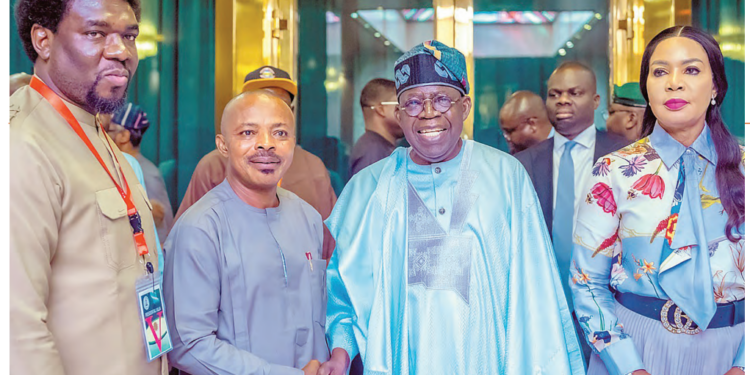 President Bola Ahmed Tinubu (2nd right); minister of state for labour and employment, Nkiruka Onyejeocha (right); president, Nigeria Labour Congress (NLC), Comrade Joe Ajaero (2nd left), and president, Trade Union Congress (TUC), Comrade Festus Osifo, during President Tinubu’s meeting with labour leadership  at the Presidential Villa Abuja, yesterday. PHOTO BY REMI AKUNLEYAN