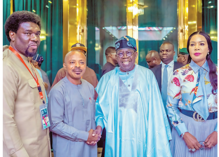 President Bola Ahmed Tinubu (2nd right); minister of state for labour and employment, Nkiruka Onyejeocha (right); president, Nigeria Labour Congress (NLC), Comrade Joe Ajaero (2nd left), and president, Trade Union Congress (TUC), Comrade Festus Osifo, during President Tinubu’s meeting with labour leadership  at the Presidential Villa Abuja, yesterday. PHOTO BY REMI AKUNLEYAN