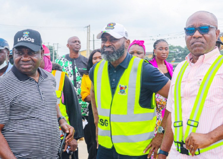 L-R :Commissioner for information and strategy, Gbenga Omotoso; special adviser to Lagos State governor on infrastructure, Engr. Olufemi Daramola; and Permanent Secretary Office of Infrastructure, Engr. Lateef Ayodele Somide during the inspection of the ongoing maintenance of Odo Iya Alaro Bridge in Lagos. PHOTO BY KOLAWOLE ALIU