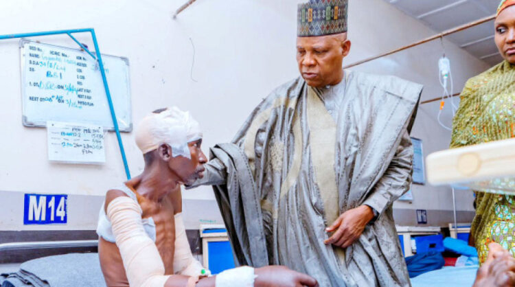 Vice President Kashim Shettima with some of the victims of the attackS at the State Specialist Hospital in Maiduguri, yesterday.   PHOTO BY STATE HOUSE