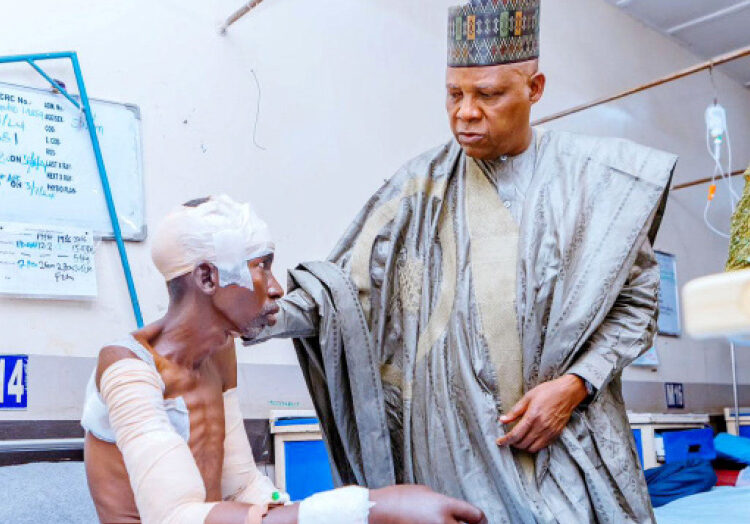 Vice President Kashim Shettima with some of the victims of the attackS at the State Specialist Hospital in Maiduguri, yesterday.   PHOTO BY STATE HOUSE