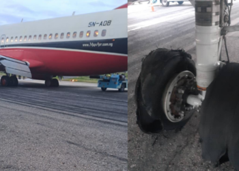 PICTORIAL: Abuja-bound Max Air Aircraft With 119 Passengers Suffers Tyre Burst During Takeoff