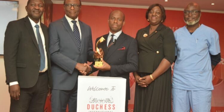 L-R: Mr Adebanji Adekanle, Chief Financial Officer; Dr Adeyemi Onabowale, Chairman, Duchess Hospital, Ikeja and Reddington Hospital Group; Dr Adetokunbo Shitta-Bey, Chief Executive Officer; Dr Olufunke Ijimakin, Chief Compliance Officer; Dr Olajide Ojo, Clinical Director at the Media Briefing on Tuesday 9th July, to announce the award of Private Tertiary Healthcare Facility of the Year, 2024, to Duchess International Hospital, Ikeja.