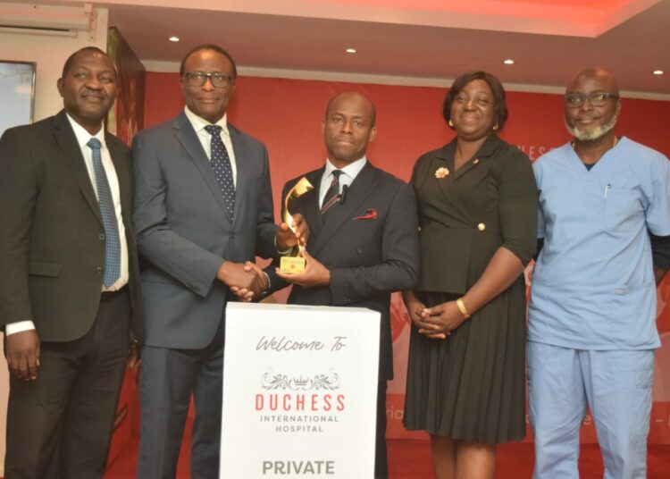 L-R: Mr Adebanji Adekanle, Chief Financial Officer; Dr Adeyemi Onabowale, Chairman, Duchess Hospital, Ikeja and Reddington Hospital Group; Dr Adetokunbo Shitta-Bey, Chief Executive Officer; Dr Olufunke Ijimakin, Chief Compliance Officer; Dr Olajide Ojo, Clinical Director at the Media Briefing on Tuesday 9th July, to announce the award of Private Tertiary Healthcare Facility of the Year, 2024, to Duchess International Hospital, Ikeja.