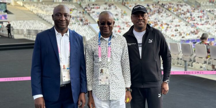 L-R: President, Nigerian Football Federation, Ibrahim Musa Gusau; Minister of Sports Development in Nigeria, John Owan Enoh; Managing Director/Chief Executive Officer, PremiumTrust Bank, Mr. Emmanuel Efe Emefienim (CON, FCIB), supporting the Super Falcons at the 2024 Olympic Games, in Bordeaux, France.