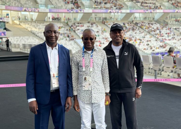 L-R: President, Nigerian Football Federation, Ibrahim Musa Gusau; Minister of Sports Development in Nigeria, John Owan Enoh; Managing Director/Chief Executive Officer, PremiumTrust Bank, Mr. Emmanuel Efe Emefienim (CON, FCIB), supporting the Super Falcons at the 2024 Olympic Games, in Bordeaux, France.