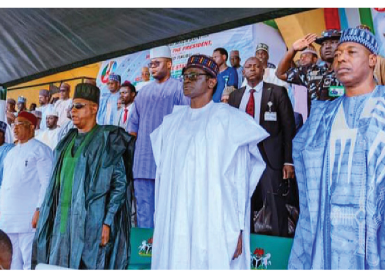 R-L: Governor Babagana Zulum of Borno; Governor Mai Mala  Buni; Vice President Kashim Shettima;  Governor Hope Uzodimma of Imo, and Senator Ahmed Lawan duringthe launch of multi-billion naira agric empowerment in Damaturu