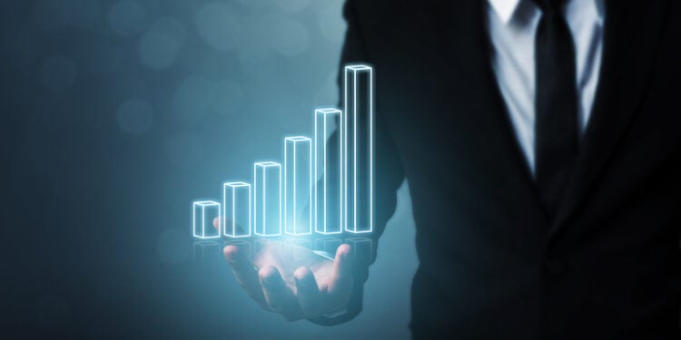 Business development to success and growing growth concept, Businessman hand holding graph corporate future growth plan