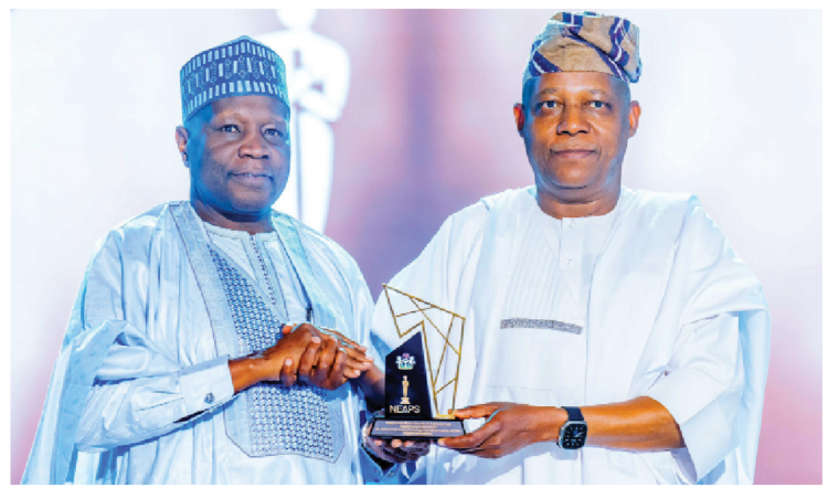 R-L: Vice President Kashim Shettima  presenting a distinguished award of excellence in governance and health sector strides to Gombe State Governor,  Muhammadu Inuwa Yahaya, during the Nigeria Excellence Awards in Public Service held at the Presidential Villa in Abuja on Saturday