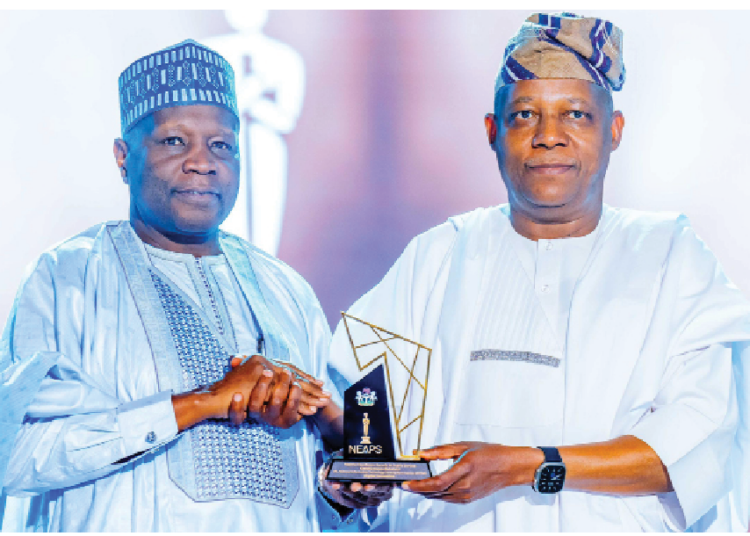 R-L: Vice President Kashim Shettima  presenting a distinguished award of excellence in governance and health sector strides to Gombe State Governor,  Muhammadu Inuwa Yahaya, during the Nigeria Excellence Awards in Public Service held at the Presidential Villa in Abuja on Saturday