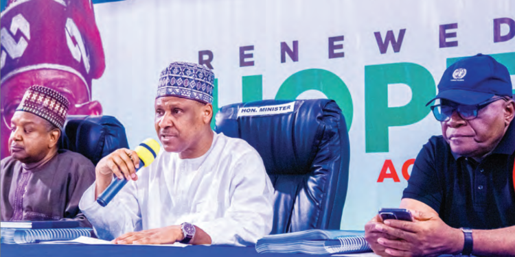 L-R: Minister of Budget and Economic Planning, Senator Atiku Bagudu; minister of Information and National Orientation, Mohammed Idris and the
special adviser to the president on Information and Strategy, Mr Bayo Onanuga at a special press briefing to address misinformation on the Samoa
Agreement in Abuja yesterday. PHOTO BY MINISTRY OF INFORMATION
