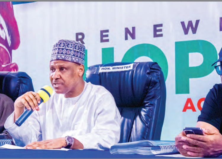 L-R: Minister of Budget and Economic Planning, Senator Atiku Bagudu; minister of Information and National Orientation, Mohammed Idris and the
special adviser to the president on Information and Strategy, Mr Bayo Onanuga at a special press briefing to address misinformation on the Samoa
Agreement in Abuja yesterday. PHOTO BY MINISTRY OF INFORMATION