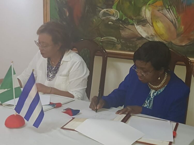 L-R: Cuban Ambassador to Nigeria, Miriam Morales, and the director-general of NAFDAC, Prof. Mojisola Adeyeye, during the signing of the MoU in Abuja, on Monday.