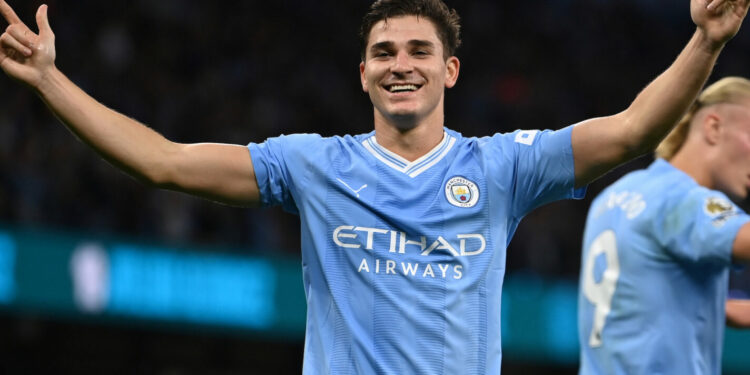 MANCHESTER, ENGLAND - AUGUST 19: Julian Alvarez of Manchester City celebrates the first goal during the Premier League match between Manchester City and Newcastle United at Etihad Stadium on August 19, 2023 in Manchester, United Kingdom. (Photo by Neal Simpson/Sportsphoto/Allstar via Getty Images)