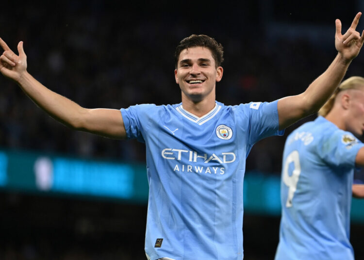 MANCHESTER, ENGLAND - AUGUST 19: Julian Alvarez of Manchester City celebrates the first goal during the Premier League match between Manchester City and Newcastle United at Etihad Stadium on August 19, 2023 in Manchester, United Kingdom. (Photo by Neal Simpson/Sportsphoto/Allstar via Getty Images)