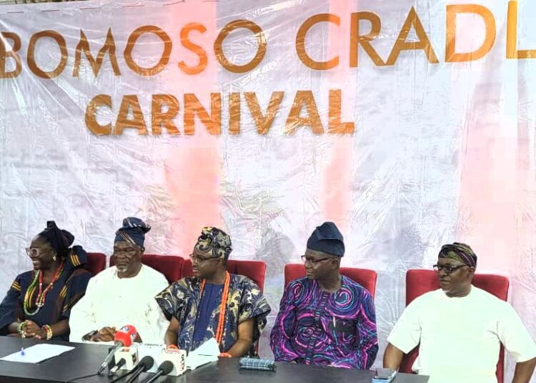 L-R:. Fisayo Alabi; Oyo State Commissioner for Information, Prince Dotun Oyelade; Chairman Ogbomosoland Committee on Arts and Culture; Prince Williams Adeleye; Mr Muyiwa Oke, and Bashorun Akinwole Solomon Akinwale, during the press briefing on the forthcoming carnival.