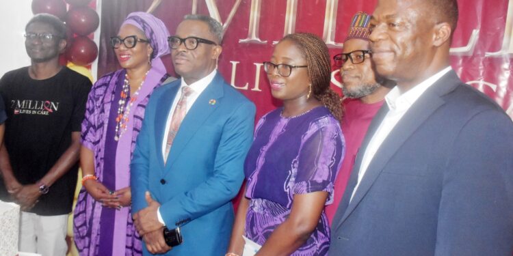 From left: Country Programme Director, AIDs Healthcare Foundation (AHF) Nigeria, Dr Echey Ijezie; Mandate Secretary, Health, Services and Environment, FCTA, Dr Dolapo Fasawe; Director of Public Health, Federal Ministry of Health and Social Welfare, Dr Chukwumma Anyaike; Technical Officer, HIV Viral, Would Health Organisation. Dr Oluwafunke Odunlade and Director, Community Prevention, Care and Support, National Agency for the Control of AIDs, Dr James Ananib, during the unveiling of 2-Million Lives Care by AHF IN Abuja on Wednesday. Photo: NAN