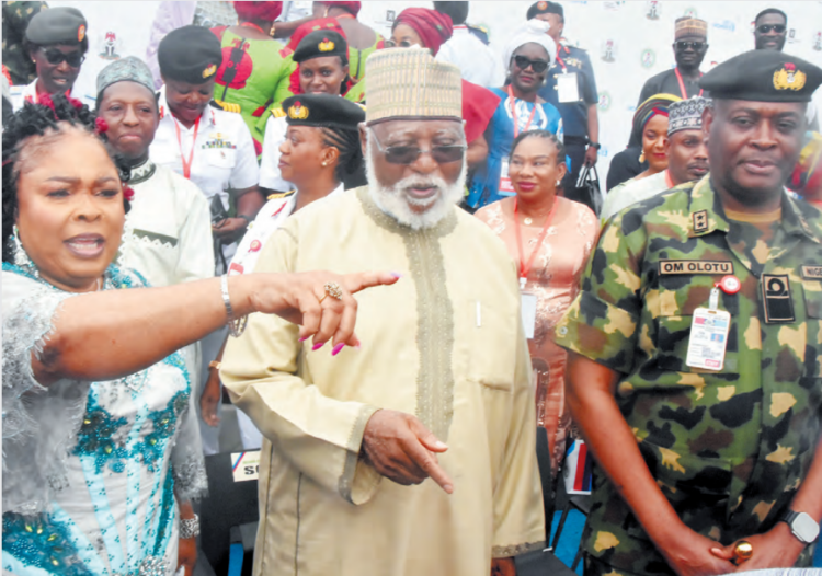 L-R: Wife of former president, Dame Patience Jonathan; former Head of State, Gen. Abdulsalami Abubakar, and Commandant of the National Defence College, Rear Adm. Olumuyiwa Olotu, during the Defence Headquarters’ Annual Gender Conference in Abuja, yesterday PHOTO BY NAN