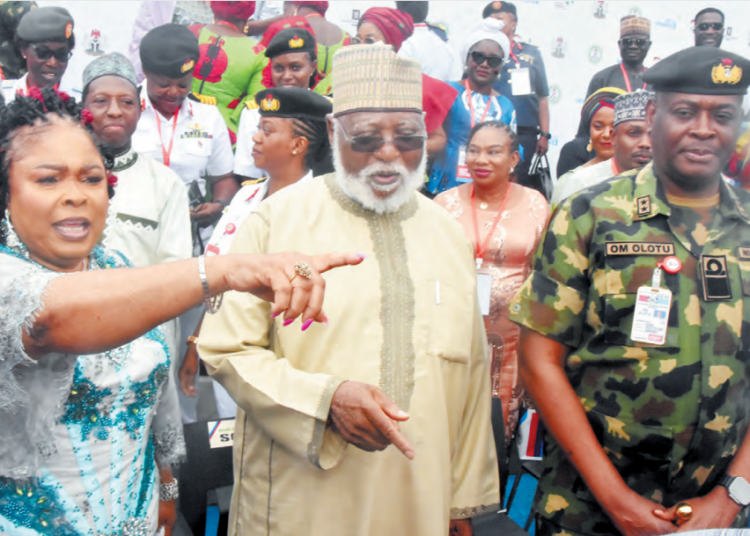 L-R: Wife of former president, Dame Patience Jonathan; former Head of State, Gen. Abdulsalami Abubakar, and Commandant of the National Defence College, Rear Adm. Olumuyiwa Olotu, during the Defence Headquarters’ Annual Gender Conference in Abuja, yesterday PHOTO BY NAN