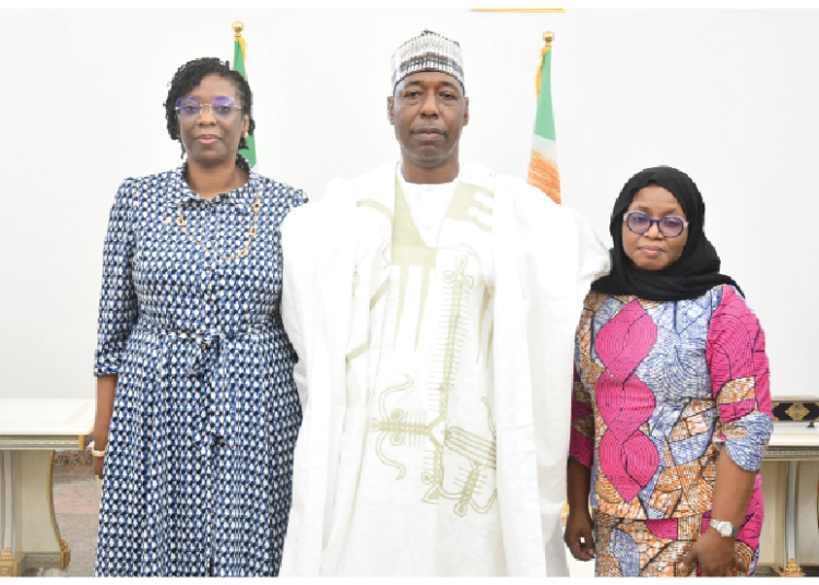 L-R: Acting group chief executive officer, Access Holdings Plc, Bolaji Agbede;  Borno State Governor Babagana Zulum and  executive director, Commercial Banking Division, Access Bank Plc Hadiza Ambursa, at the Borno State Government House, where Access Holdings donated N1 billion to cushion the effects of recent flooding in Maiduguri on Friday.