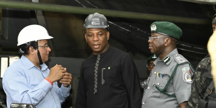 L-R: CEO, ANRML, Mr. Narasimha Nayak; Nigeria's Minister of Steel Development, Prince Shuaibu Abubakar Audu, and Assistant Controller General (ACG), Nigeria Customs Service, Mr. A.A.S Oloyede, at the Gujeni plant tour, in Kaduna State.