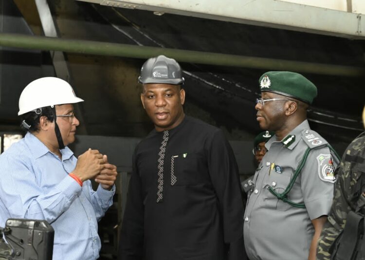 L-R: CEO, ANRML, Mr. Narasimha Nayak; Nigeria's Minister of Steel Development, Prince Shuaibu Abubakar Audu, and Assistant Controller General (ACG), Nigeria Customs Service, Mr. A.A.S Oloyede, at the Gujeni plant tour, in Kaduna State.