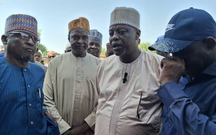 Chairman of Borno state Flood Disaster Relief Distribution Committee Engr. Baba Bukar Gujibawu, Co-chair Professor Ibrahim Umara and other members of the Committee during an on the spot assessment in one of the affected areas.