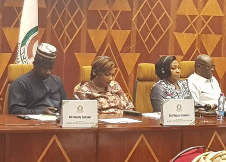 L-R: 4th Deputy Speaker of the ECOWAS Parliament, Billay Tunkara; 2nd Deputy Speaker, Ajaratou Traore; the Speaker Rt. Hon. Memounatou Ibrahima, and the Ag. Secretary General of the Parliament, Bertin Some, during the induction session for members of the Parliament in Lome, Togo.