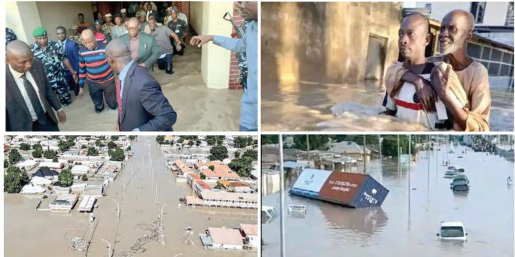 Vice President Kashim Shettima on assessment visit, and aerial views of the flood in Maiduguri, Borno State, yesterday. PHOTOS BY STATE HOUSE AND FRANCIS OKOYE