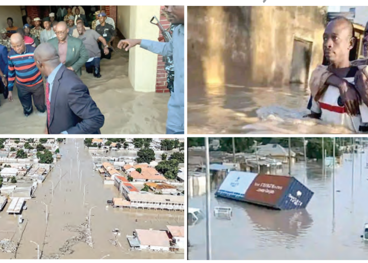 Vice President Kashim Shettima on assessment visit, and aerial views of the flood in Maiduguri, Borno State, yesterday. PHOTOS BY STATE HOUSE AND FRANCIS OKOYE