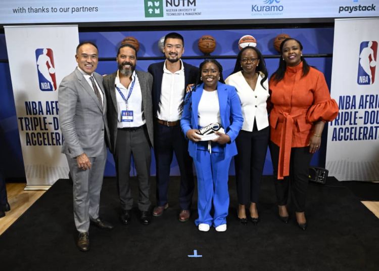 L-R: NBA Deputy Commissioner and Chief Operating Officer Mark Tatum, Maged Farrag (UBR VR), Peng Chen (HustleSasa), Yewande Akinse (Salubata), Folayemi Agusto (Festival Coins) and NBA Africa CEO Clare Akamanzi at the first “NBA Africa Triple-Double Accelerator” Demo Day at the NBA headquarters in New York City, United States where Nigerian Tech companies, Festival Coins and Salubata emerged first and second winners and went home with $50,000 and $40,000 cash prize, respectively, on Wednesday.