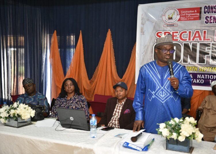 L-R: CCESSA zonal vice president (South-South), Comrade Cyprian Ighalo; acting deputy national president, Comrade Esther Ahmadu; acting general secretary, Comrade Tony Egbule, and national president, Comrade Engr. Ayodeji Adeyemo, at the delegates conference, in Abuja.