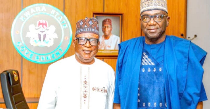 Fuji super star, General Kollington Ayinla( right) and Kwara State governor, AbdulRahman AbdulRazaq during the former's courtesy call to the Government House, Ilorin. PHOTO BY ABDULLAHI OLESIN